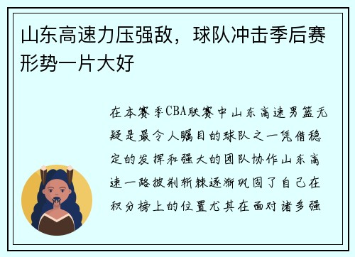 山东高速力压强敌，球队冲击季后赛形势一片大好