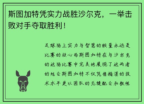 斯图加特凭实力战胜沙尔克，一举击败对手夺取胜利！